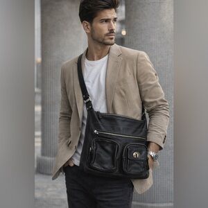 NWOT Danier Black Leather Crossbody Bag for Men Travel Bag Satchel